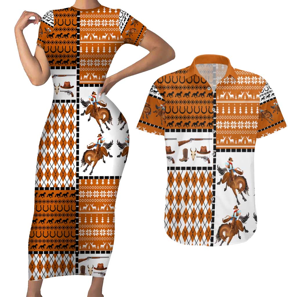 Horse Cowboy Merry Christmas Design Couples Matching Short Sleeve Bodycon Dress and Hawaiian Shirt Funny Xmas Holiday Patterns - Wonder Print Shop