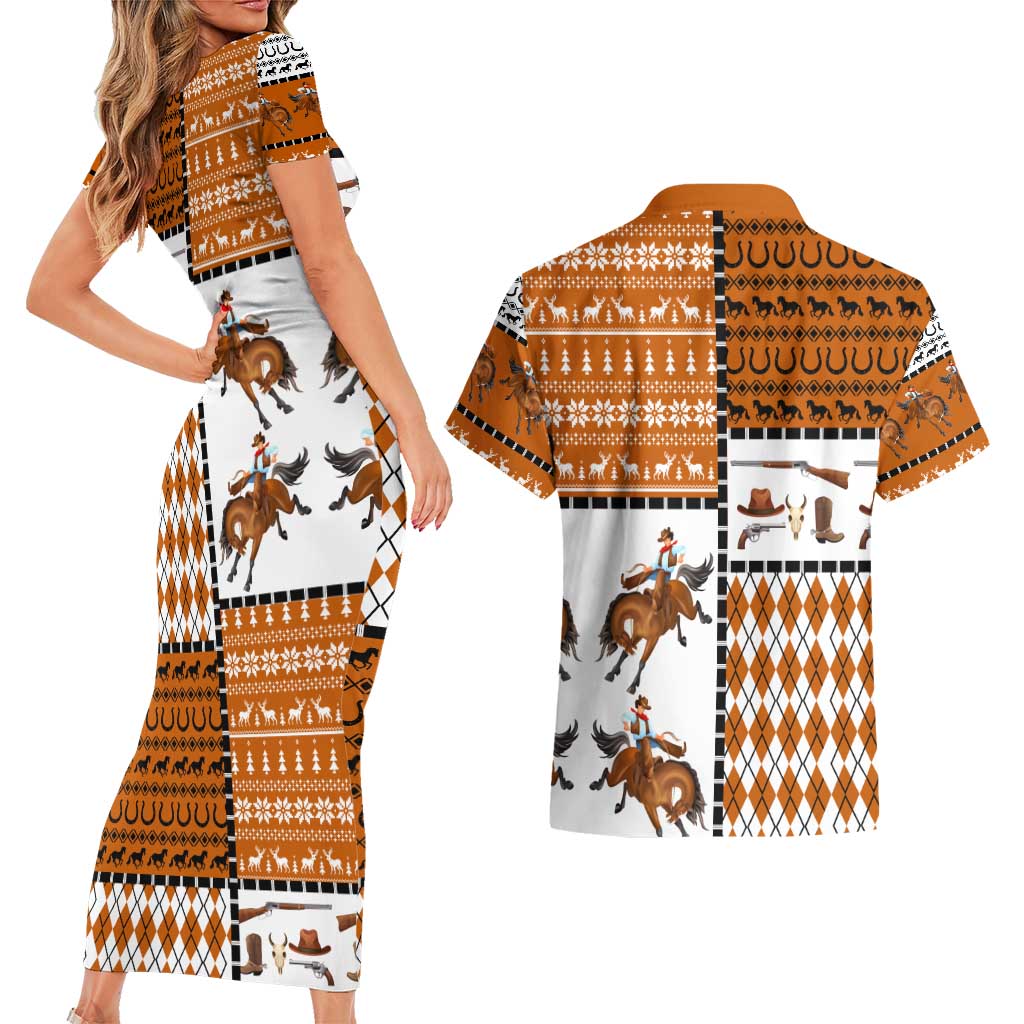 Horse Cowboy Merry Christmas Design Couples Matching Short Sleeve Bodycon Dress and Hawaiian Shirt Funny Xmas Holiday Patterns - Wonder Print Shop