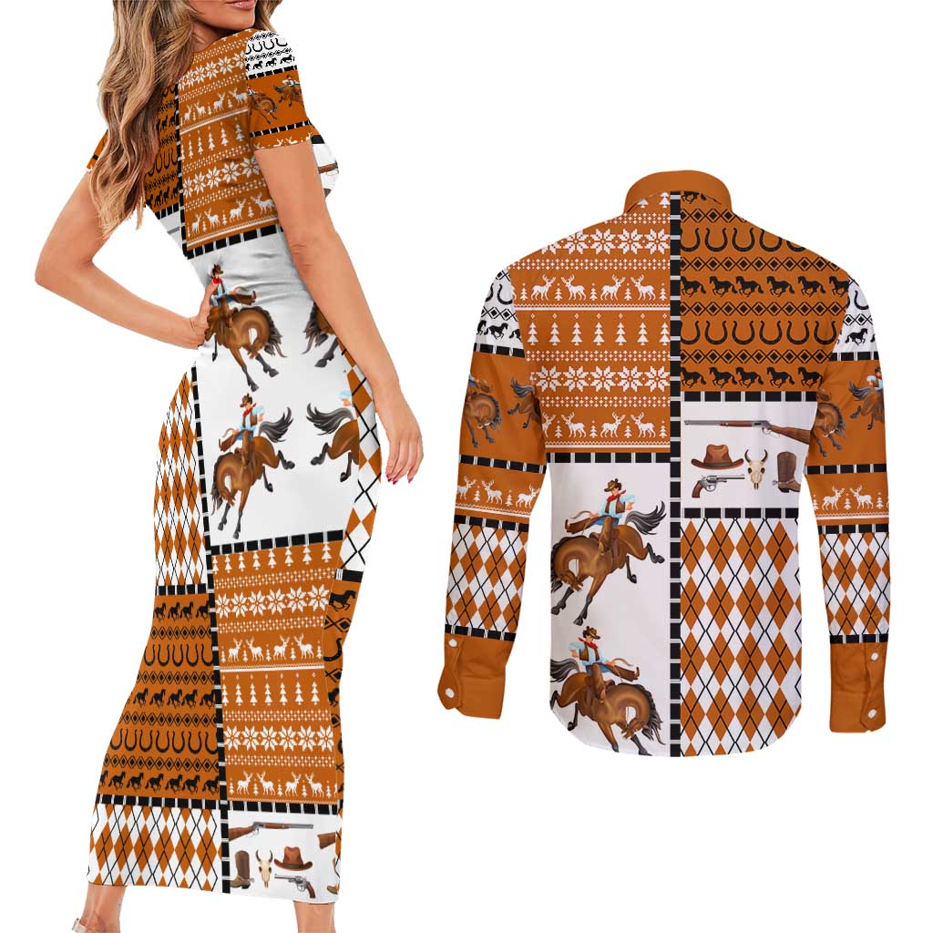 Horse Cowboy Merry Christmas Design Couples Matching Short Sleeve Bodycon Dress and Long Sleeve Button Shirt Funny Xmas Holiday Patterns - Wonder Print Shop