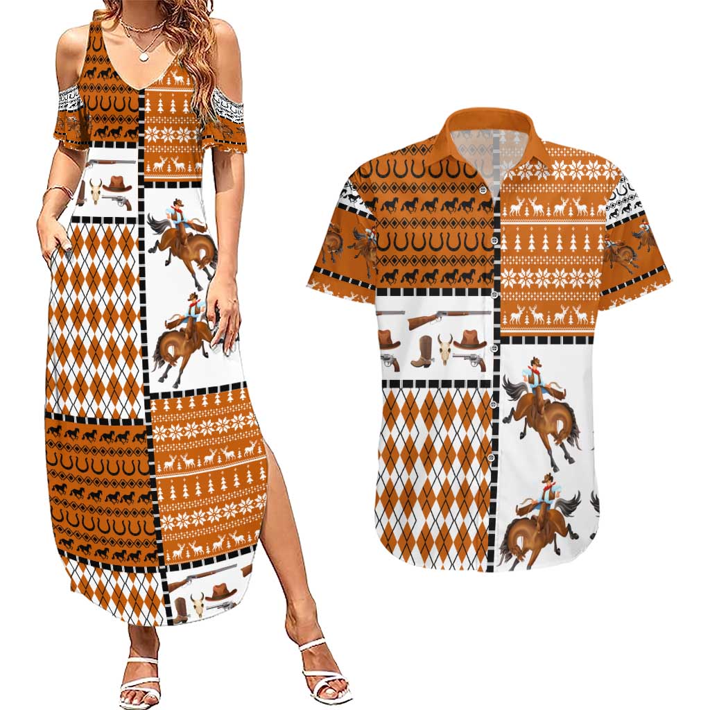 Horse Cowboy Merry Christmas Design Couples Matching Summer Maxi Dress and Hawaiian Shirt Funny Xmas Holiday Patterns - Wonder Print Shop