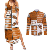 Horse Cowboy Merry Christmas Design Couples Matching Summer Maxi Dress and Long Sleeve Button Shirt Funny Xmas Holiday Patterns - Wonder Print Shop