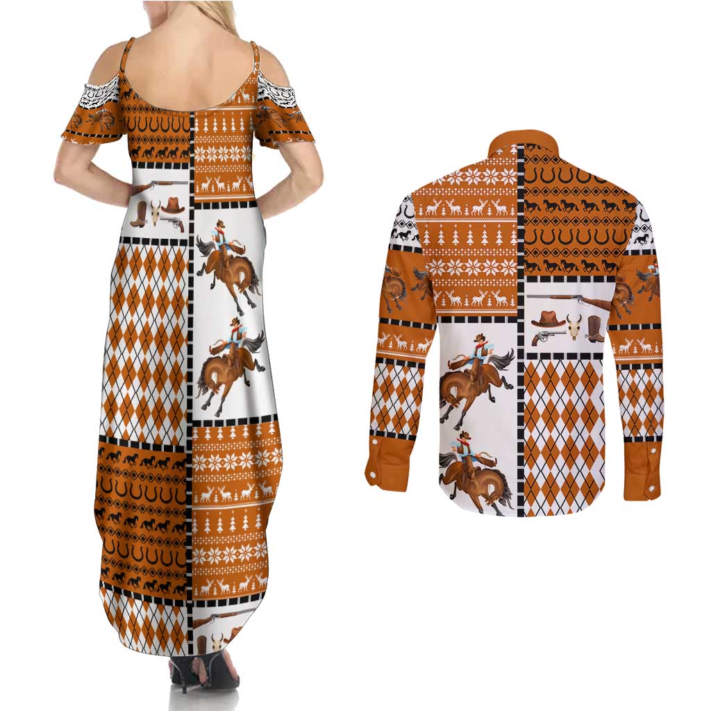 Horse Cowboy Merry Christmas Design Couples Matching Summer Maxi Dress and Long Sleeve Button Shirt Funny Xmas Holiday Patterns - Wonder Print Shop