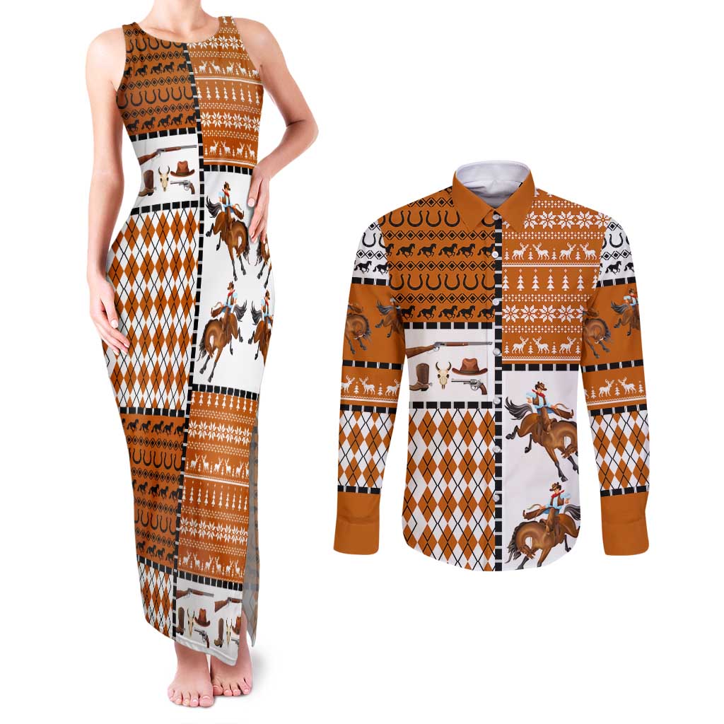 Horse Cowboy Merry Christmas Design Couples Matching Tank Maxi Dress and Long Sleeve Button Shirt Funny Xmas Holiday Patterns - Wonder Print Shop