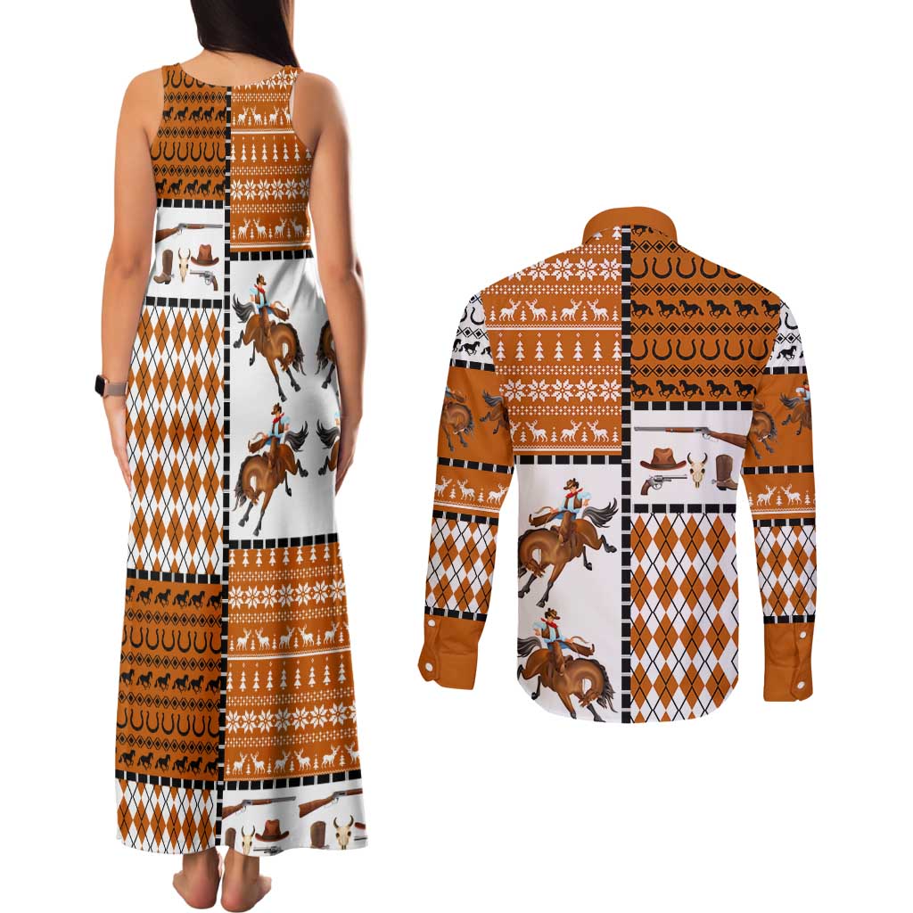 Horse Cowboy Merry Christmas Design Couples Matching Tank Maxi Dress and Long Sleeve Button Shirt Funny Xmas Holiday Patterns - Wonder Print Shop