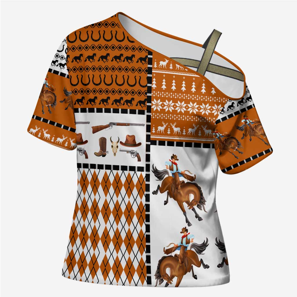Horse Cowboy Merry Christmas Design Cross Shoulder Shirt Funny Xmas Holiday Patterns - Wonder Print Shop
