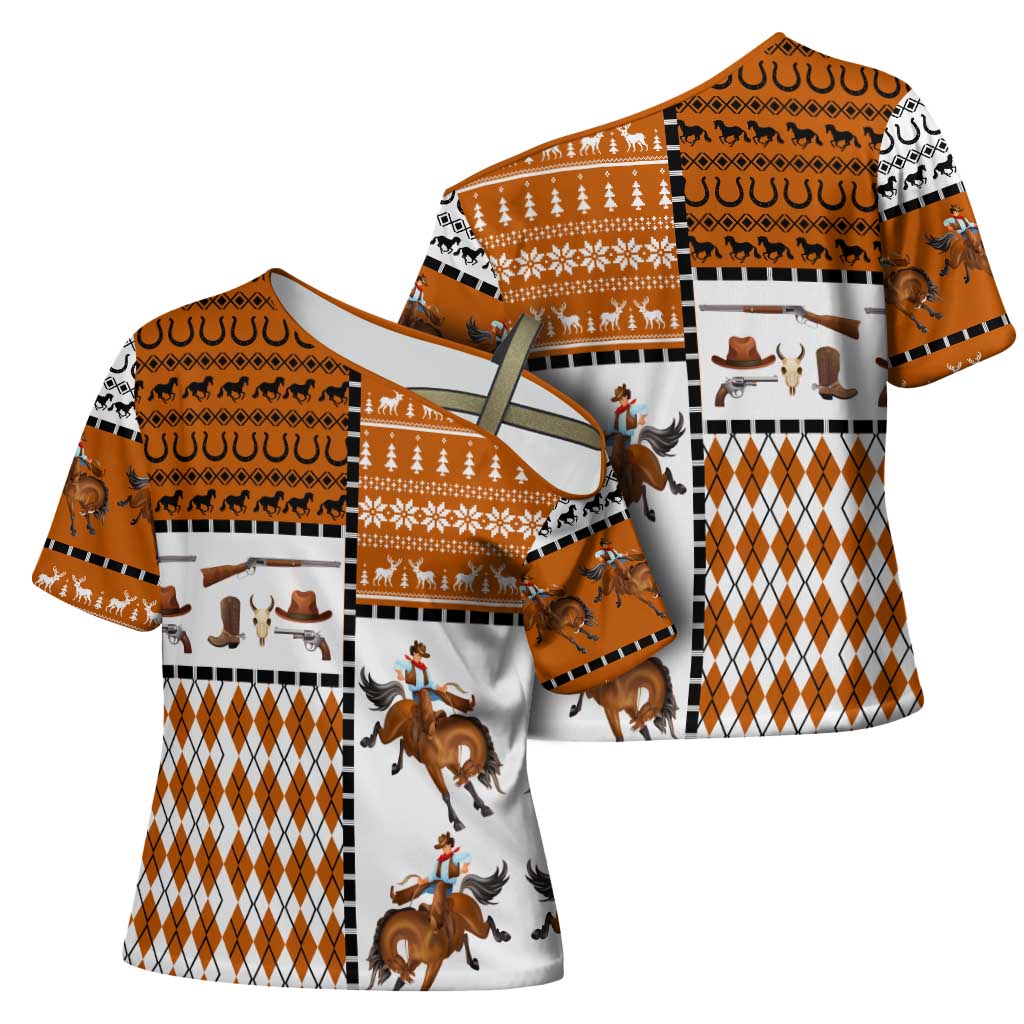 Horse Cowboy Merry Christmas Design Cross Shoulder Shirt Funny Xmas Holiday Patterns - Wonder Print Shop