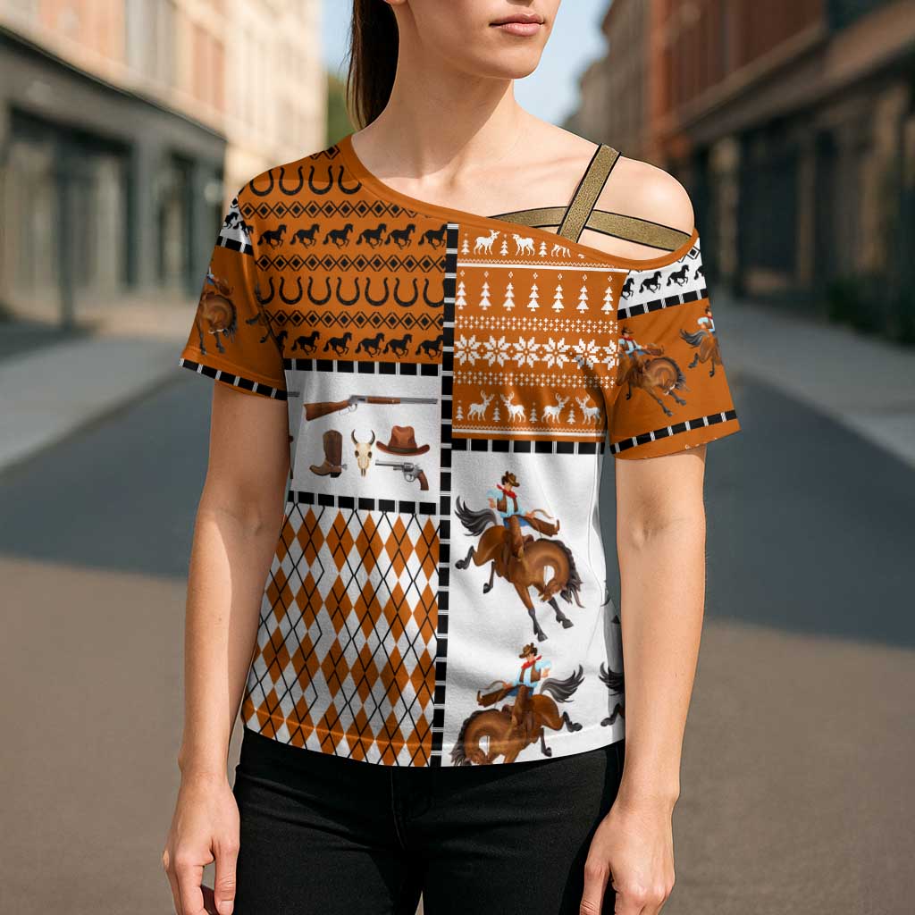 Horse Cowboy Merry Christmas Design Cross Shoulder Shirt Funny Xmas Holiday Patterns - Wonder Print Shop