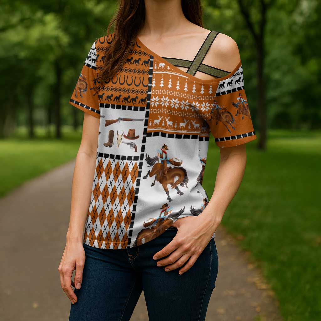 Horse Cowboy Merry Christmas Design Cross Shoulder Shirt Funny Xmas Holiday Patterns - Wonder Print Shop