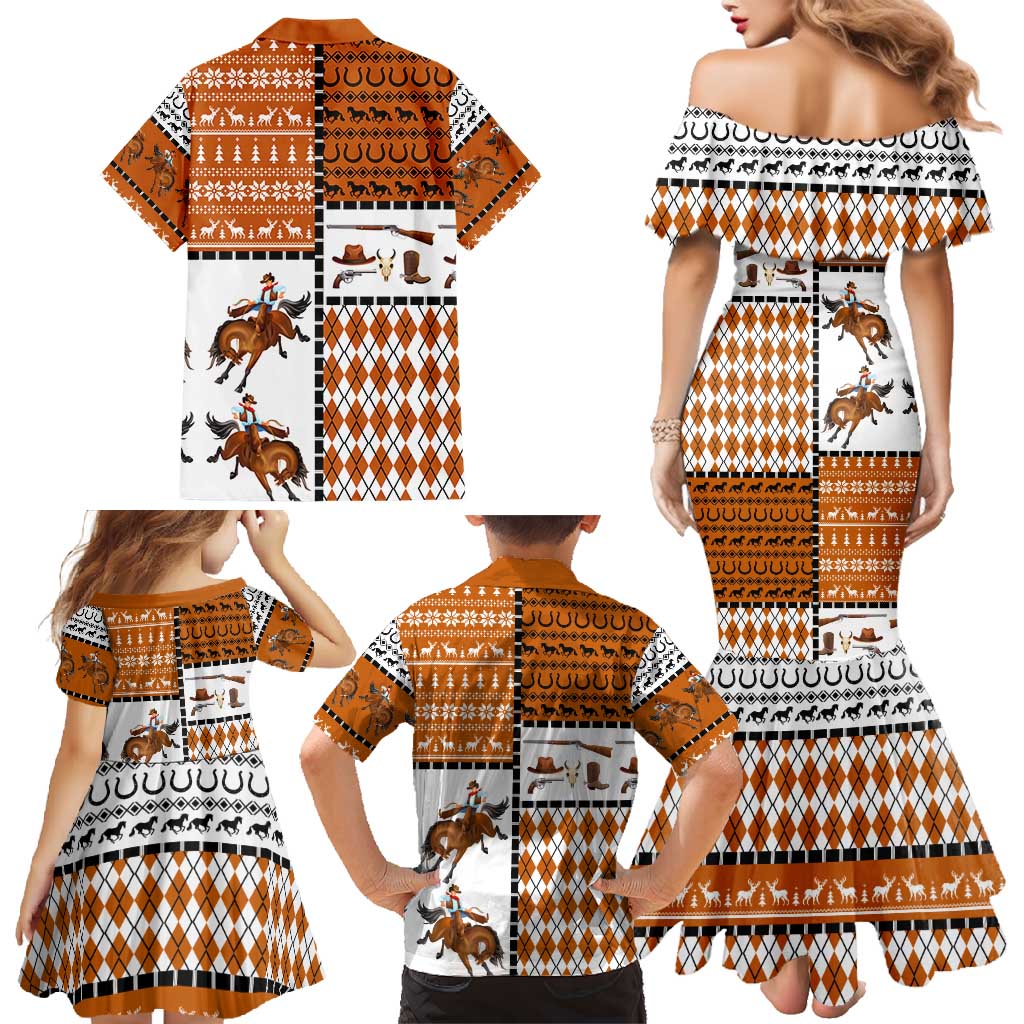 Horse Cowboy Merry Christmas Design Family Matching Mermaid Dress and Hawaiian Shirt Funny Xmas Holiday Patterns - Wonder Print Shop