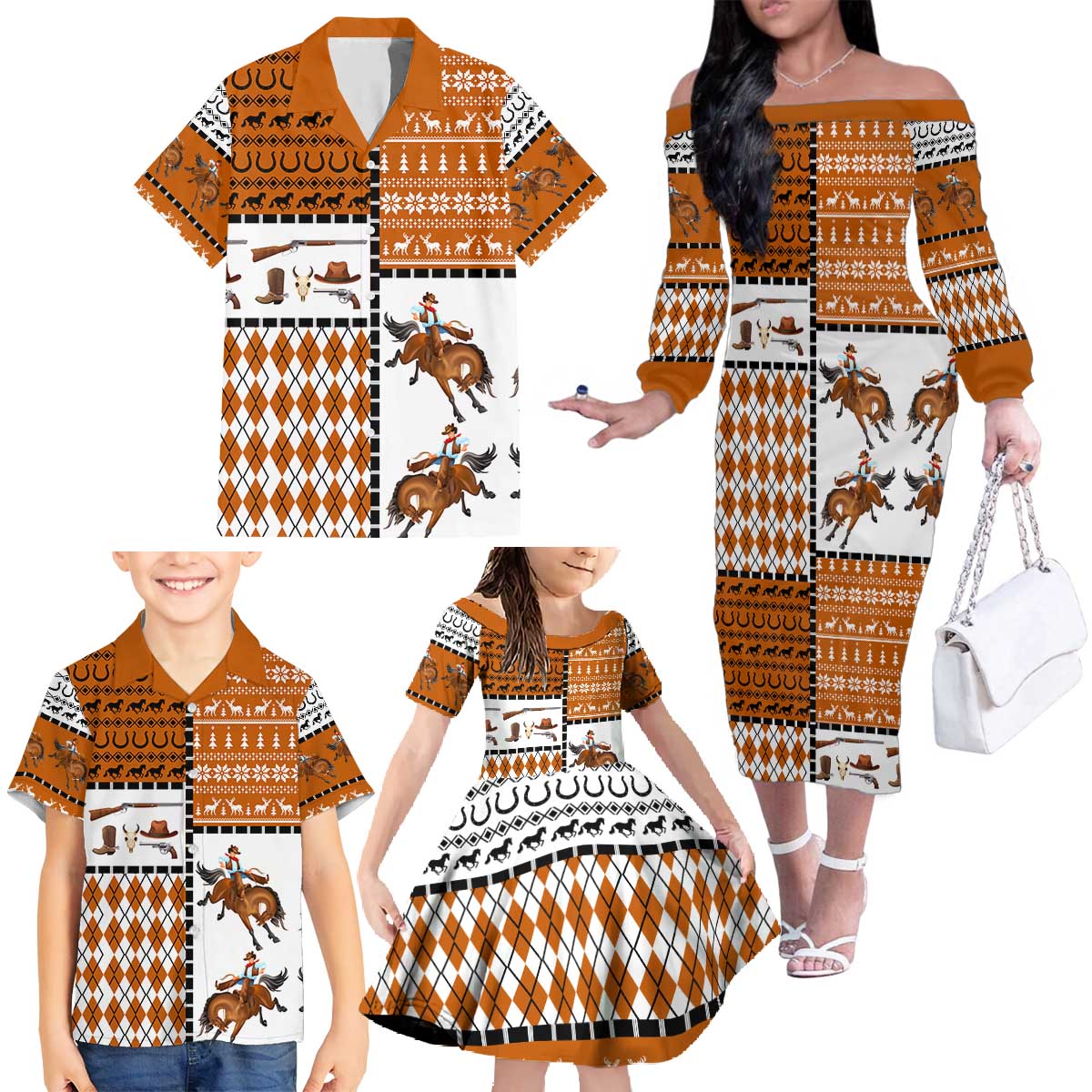 Horse Cowboy Merry Christmas Design Family Matching Off The Shoulder Long Sleeve Dress and Hawaiian Shirt Funny Xmas Holiday Patterns - Wonder Print Shop