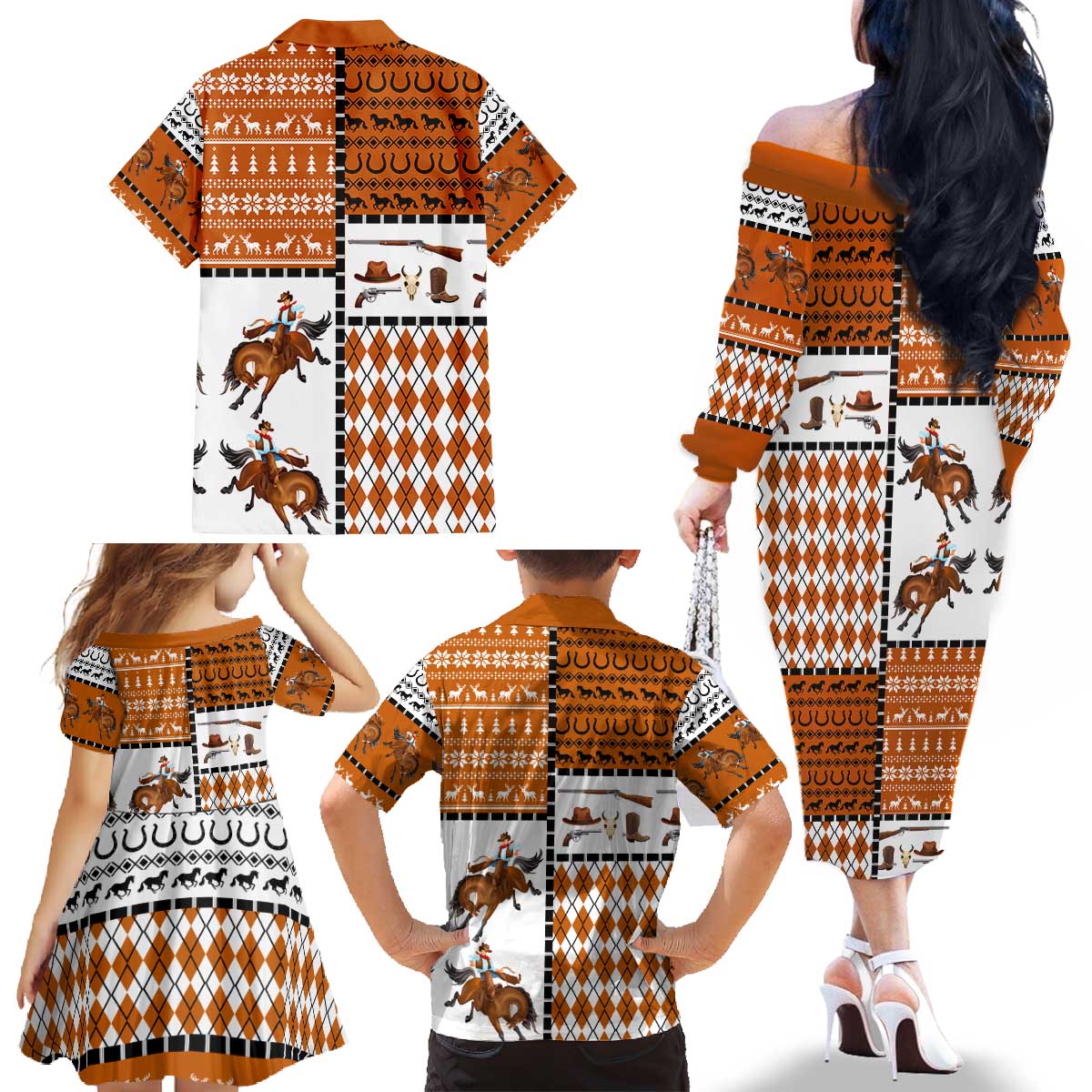Horse Cowboy Merry Christmas Design Family Matching Off The Shoulder Long Sleeve Dress and Hawaiian Shirt Funny Xmas Holiday Patterns - Wonder Print Shop