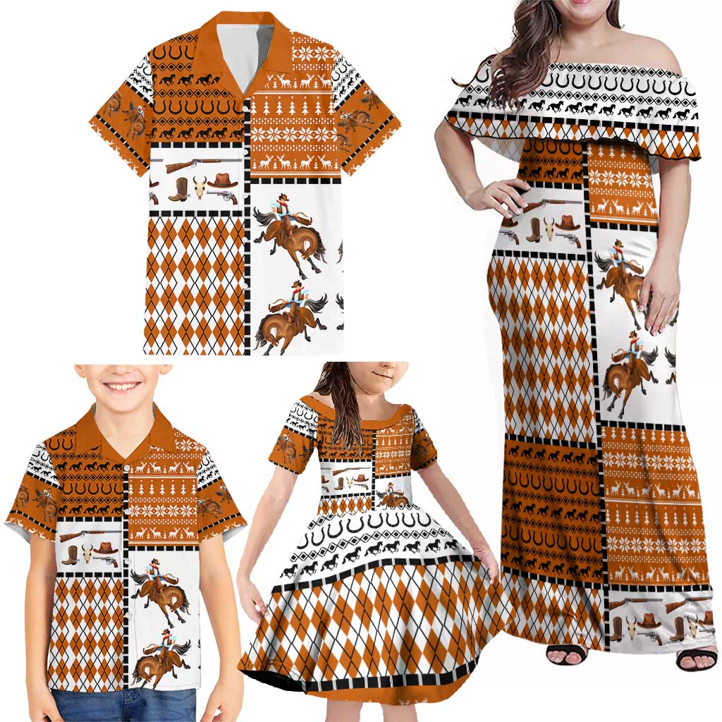 Horse Cowboy Merry Christmas Design Family Matching Off Shoulder Maxi Dress and Hawaiian Shirt Funny Xmas Holiday Patterns - Wonder Print Shop