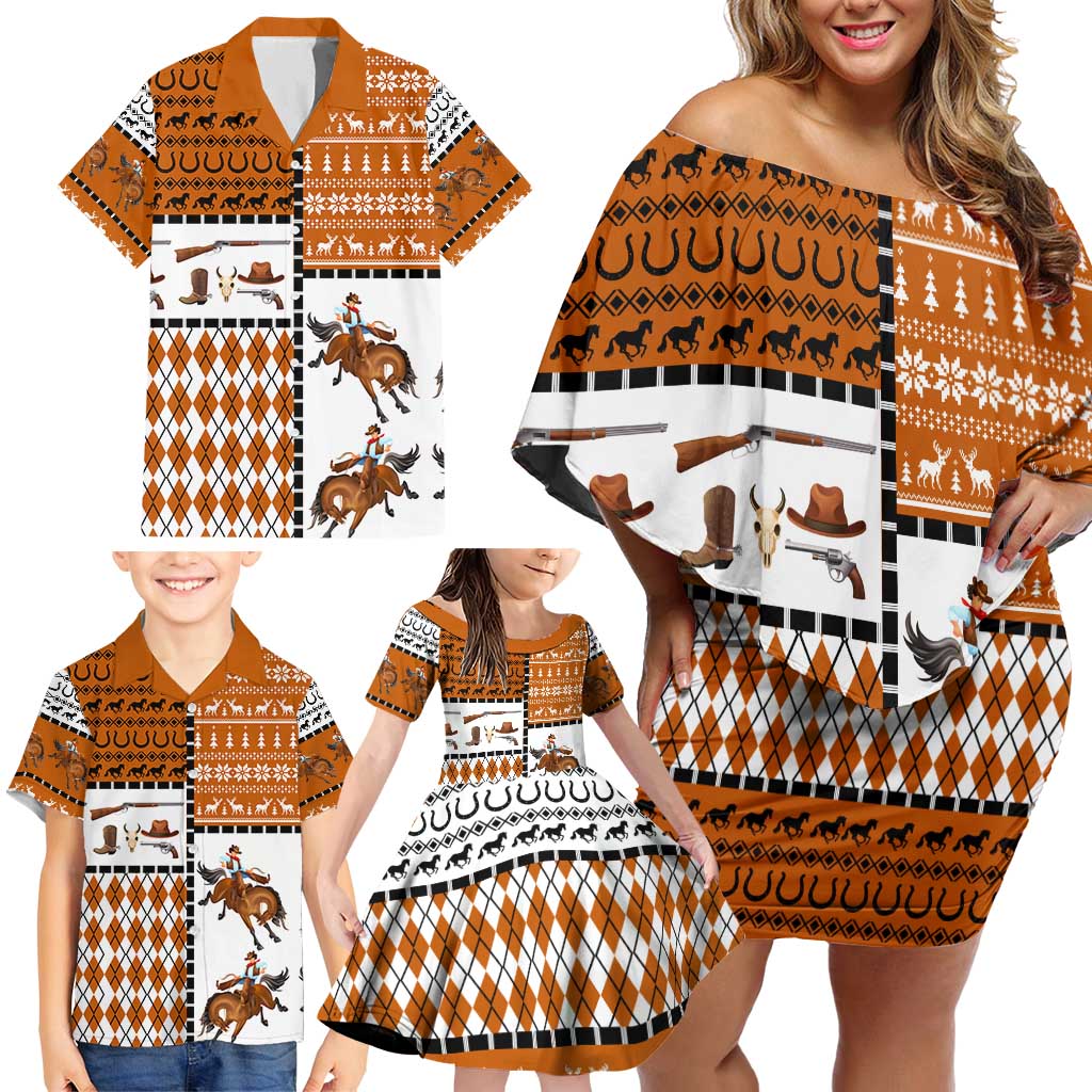 Horse Cowboy Merry Christmas Design Family Matching Off Shoulder Short Dress and Hawaiian Shirt Funny Xmas Holiday Patterns - Wonder Print Shop