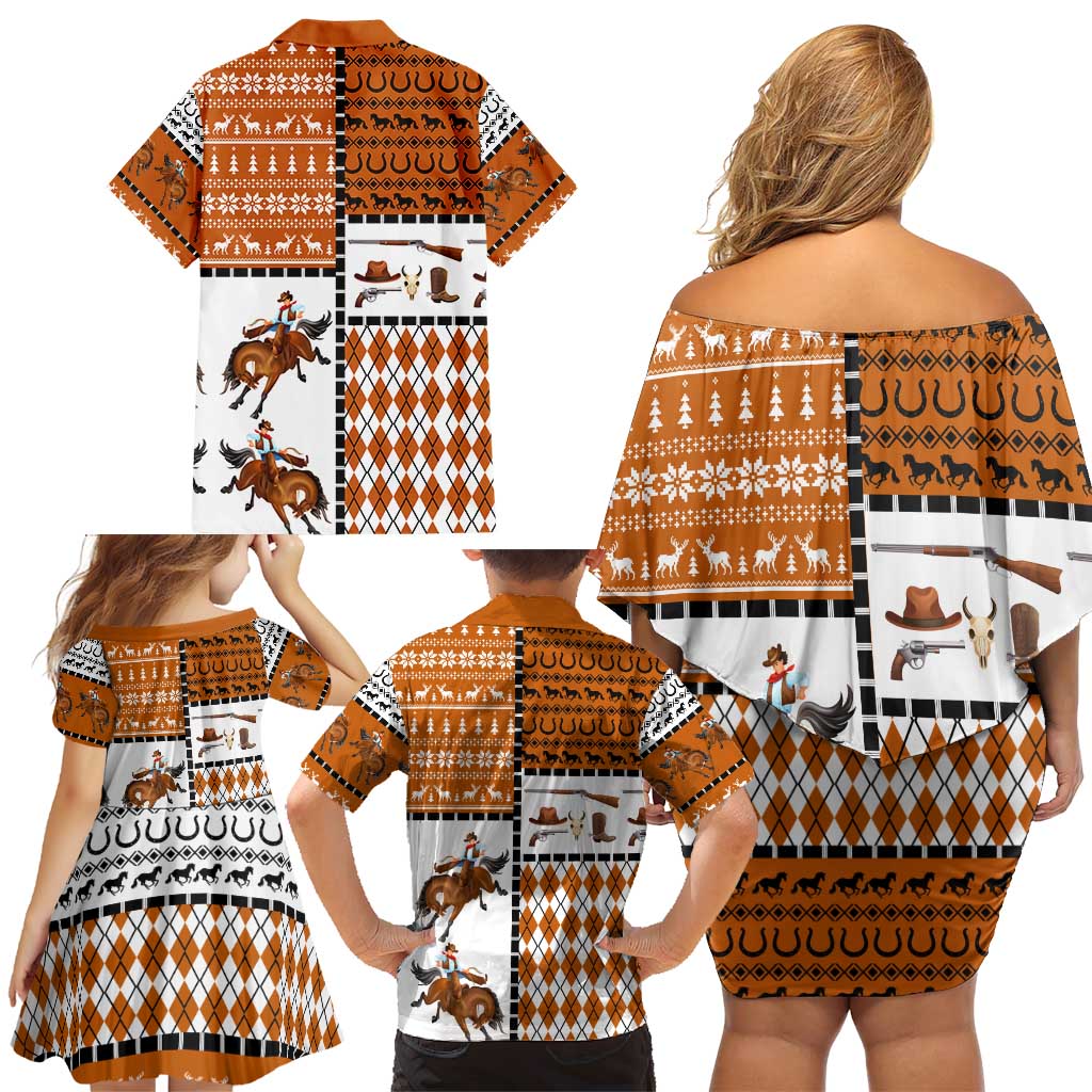 Horse Cowboy Merry Christmas Design Family Matching Off Shoulder Short Dress and Hawaiian Shirt Funny Xmas Holiday Patterns - Wonder Print Shop