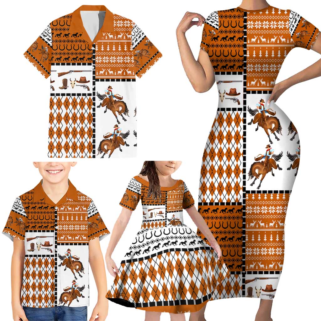 Horse Cowboy Merry Christmas Design Family Matching Short Sleeve Bodycon Dress and Hawaiian Shirt Funny Xmas Holiday Patterns - Wonder Print Shop
