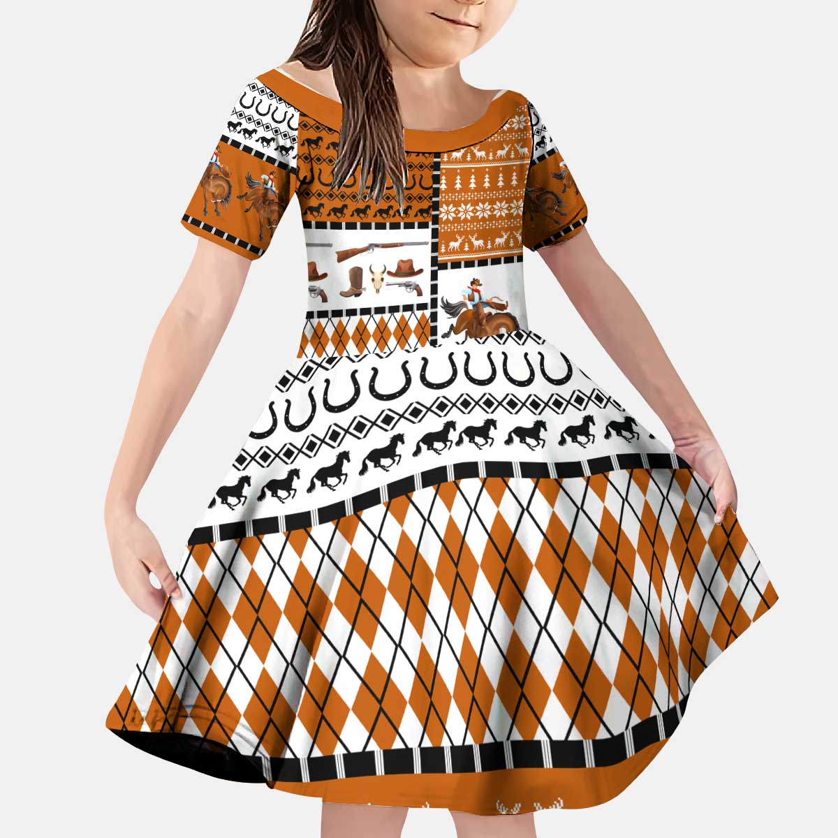 Horse Cowboy Merry Christmas Design Kid Short Sleeve Dress Funny Xmas Holiday Patterns - Wonder Print Shop