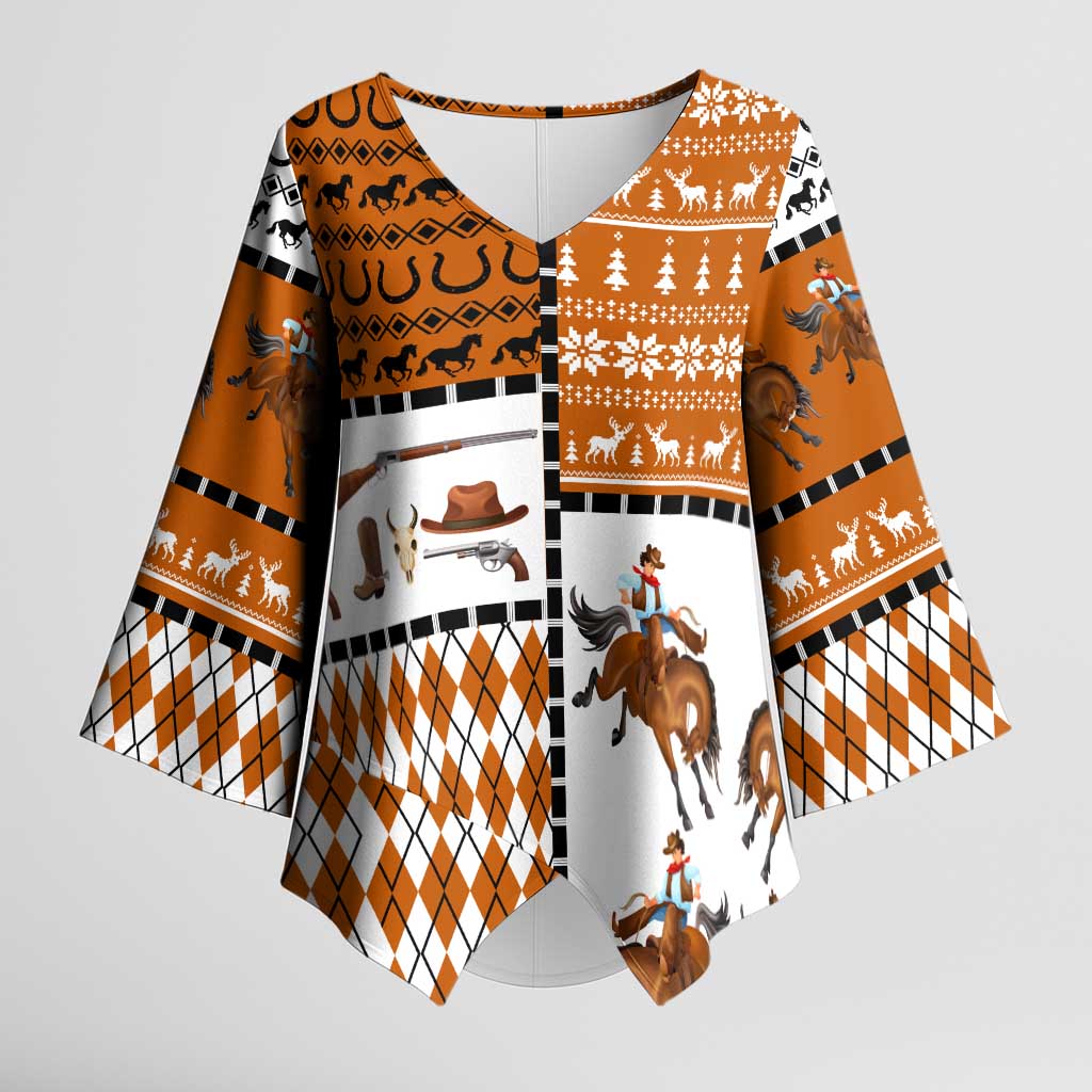 Horse Cowboy Merry Christmas Design Kimono Sleeve Blouse Funny Xmas Holiday Patterns - Wonder Print Shop