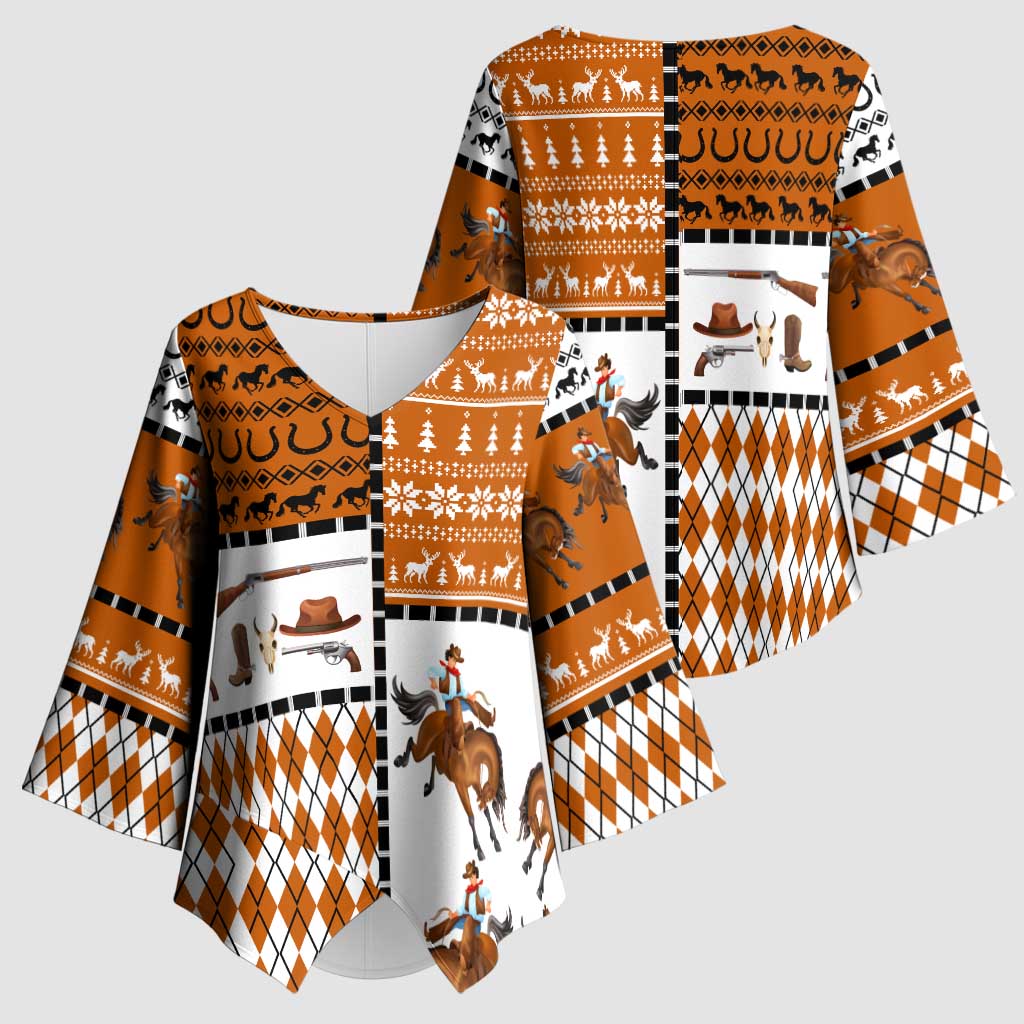 Horse Cowboy Merry Christmas Design Kimono Sleeve Blouse Funny Xmas Holiday Patterns - Wonder Print Shop