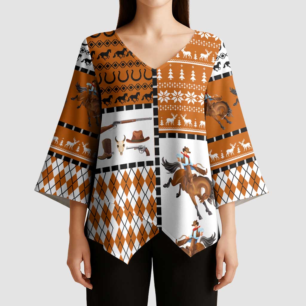 Horse Cowboy Merry Christmas Design Kimono Sleeve Blouse Funny Xmas Holiday Patterns - Wonder Print Shop