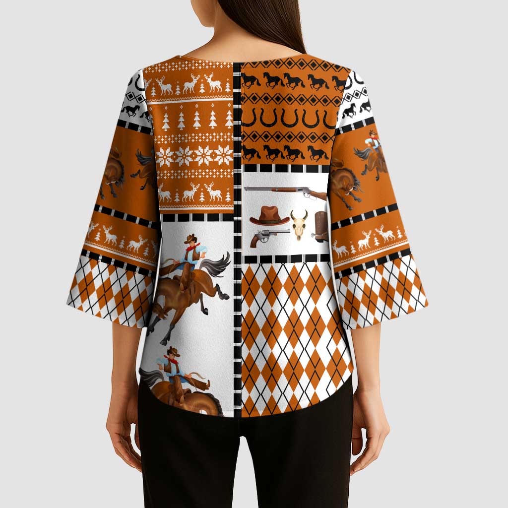Horse Cowboy Merry Christmas Design Kimono Sleeve Blouse Funny Xmas Holiday Patterns - Wonder Print Shop