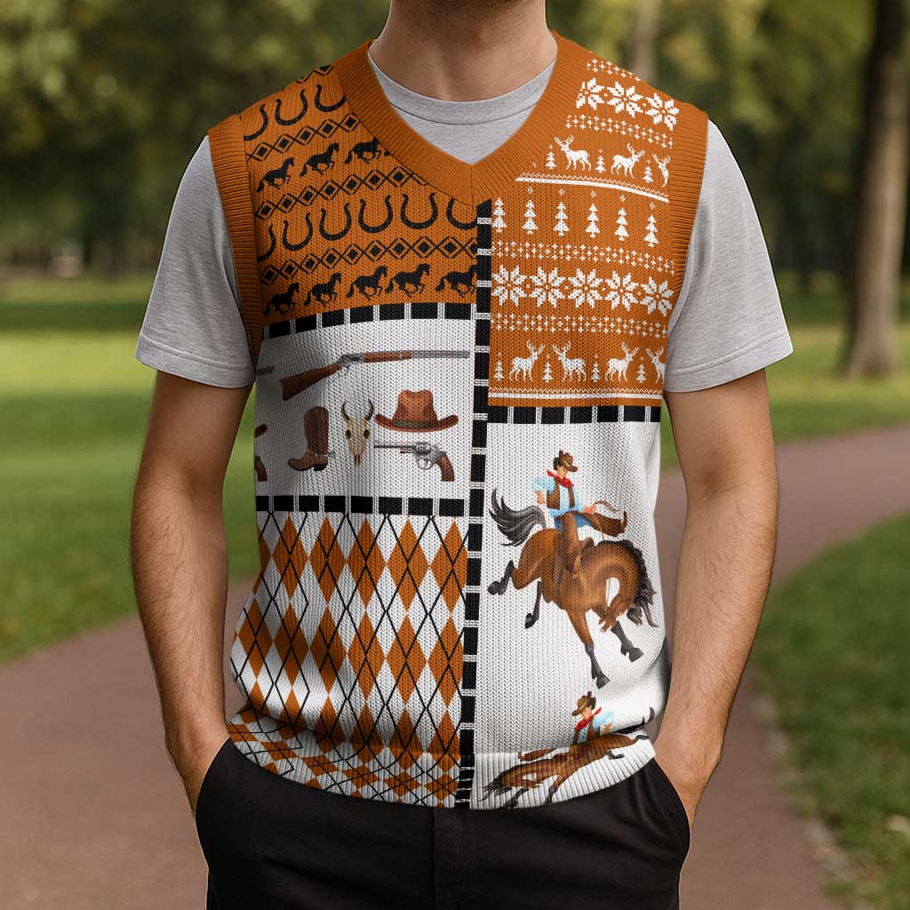 Horse Cowboy Merry Christmas Design Christmas Knitted V-Neck Vest Funny Xmas Holiday Patterns - Wonder Print Shop