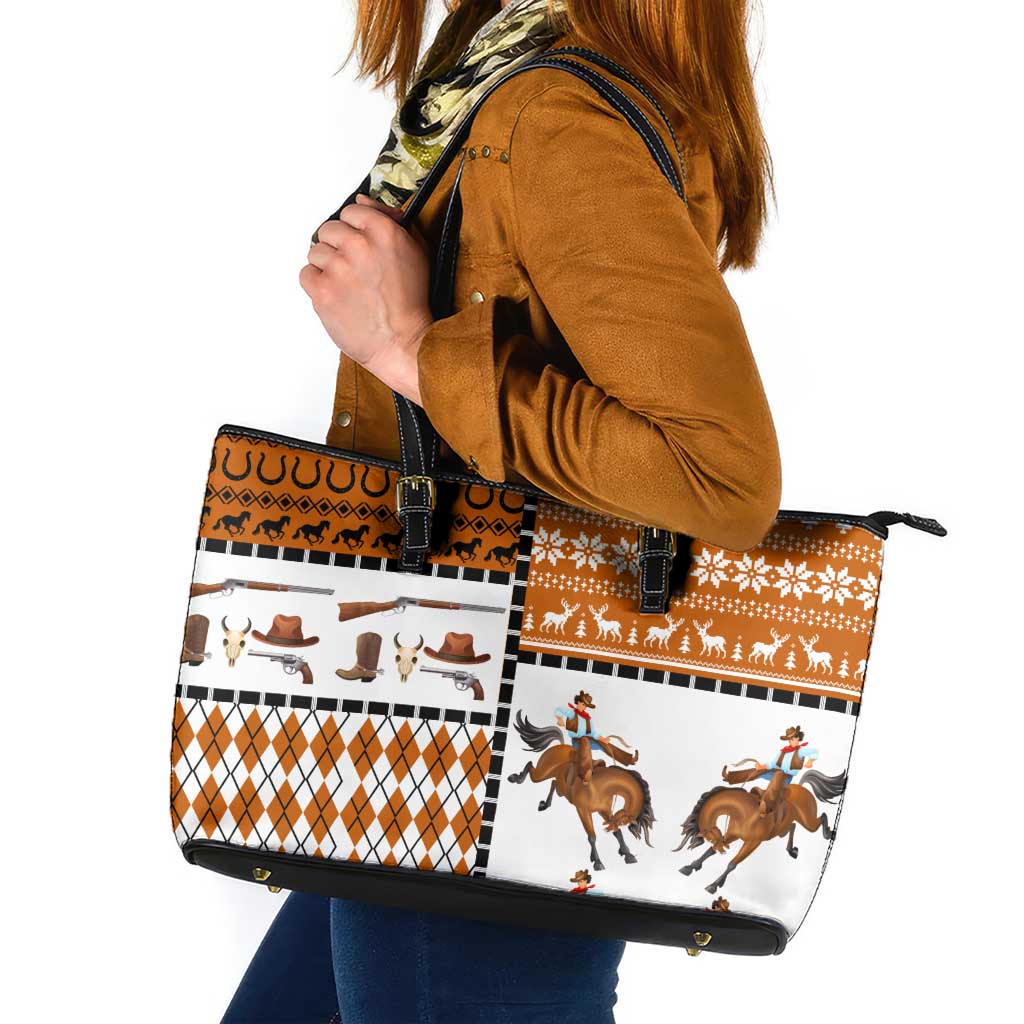 Horse Cowboy Merry Christmas Design Leather Tote Bag Funny Xmas Holiday Patterns - Wonder Print Shop