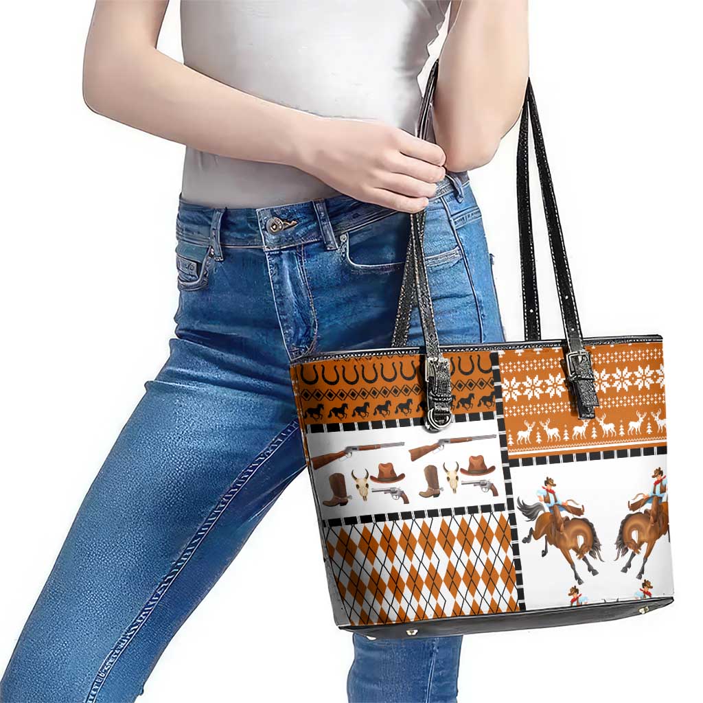 Horse Cowboy Merry Christmas Design Leather Tote Bag Funny Xmas Holiday Patterns - Wonder Print Shop