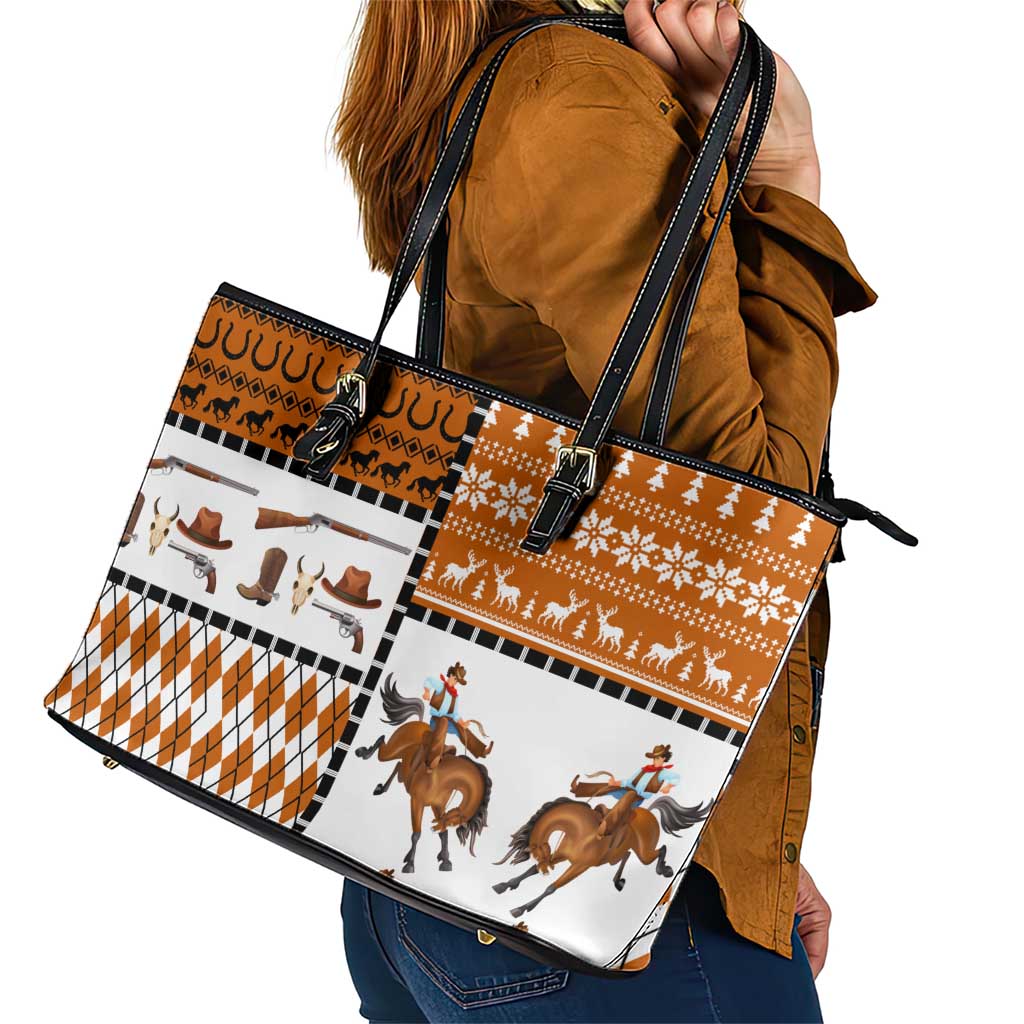 Horse Cowboy Merry Christmas Design Leather Tote Bag Funny Xmas Holiday Patterns - Wonder Print Shop