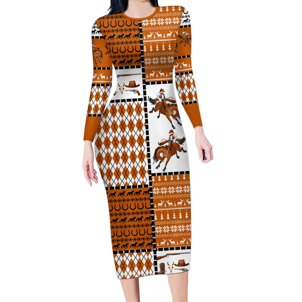 Horse Cowboy Merry Christmas Design Long Sleeve Bodycon Dress Funny Xmas Holiday Patterns - Wonder Print Shop