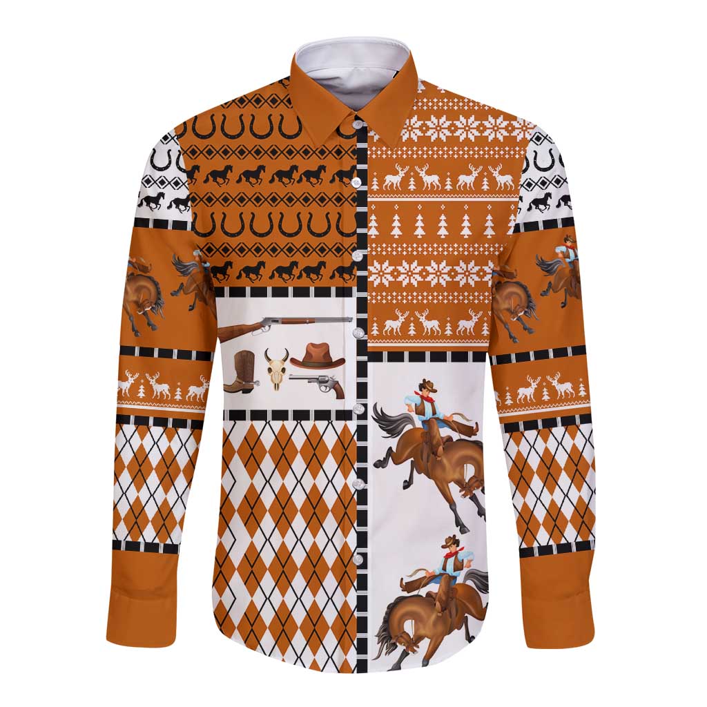 Horse Cowboy Merry Christmas Design Long Sleeve Button Shirt Funny Xmas Holiday Patterns - Wonder Print Shop