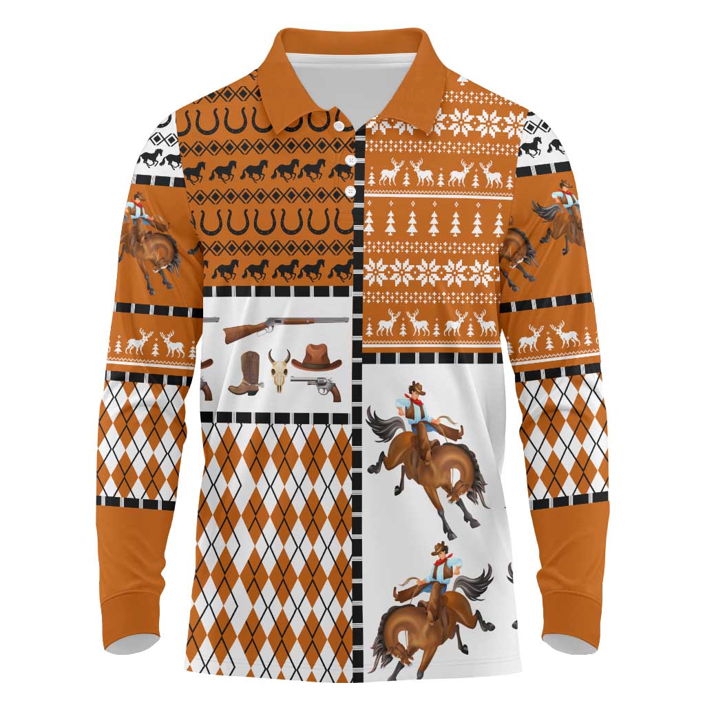 Horse Cowboy Merry Christmas Design Long Sleeve Polo Shirt Funny Xmas Holiday Patterns - Wonder Print Shop