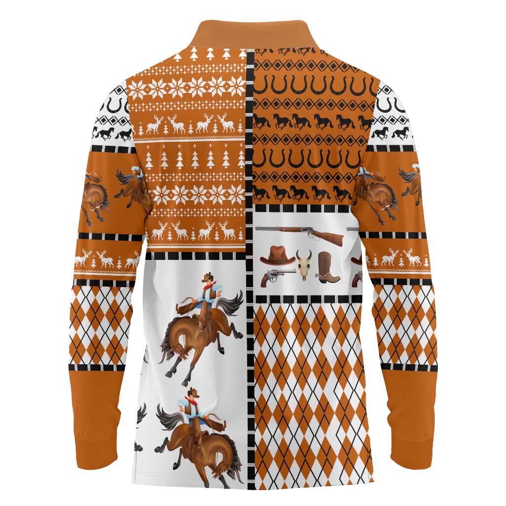 Horse Cowboy Merry Christmas Design Long Sleeve Polo Shirt Funny Xmas Holiday Patterns - Wonder Print Shop