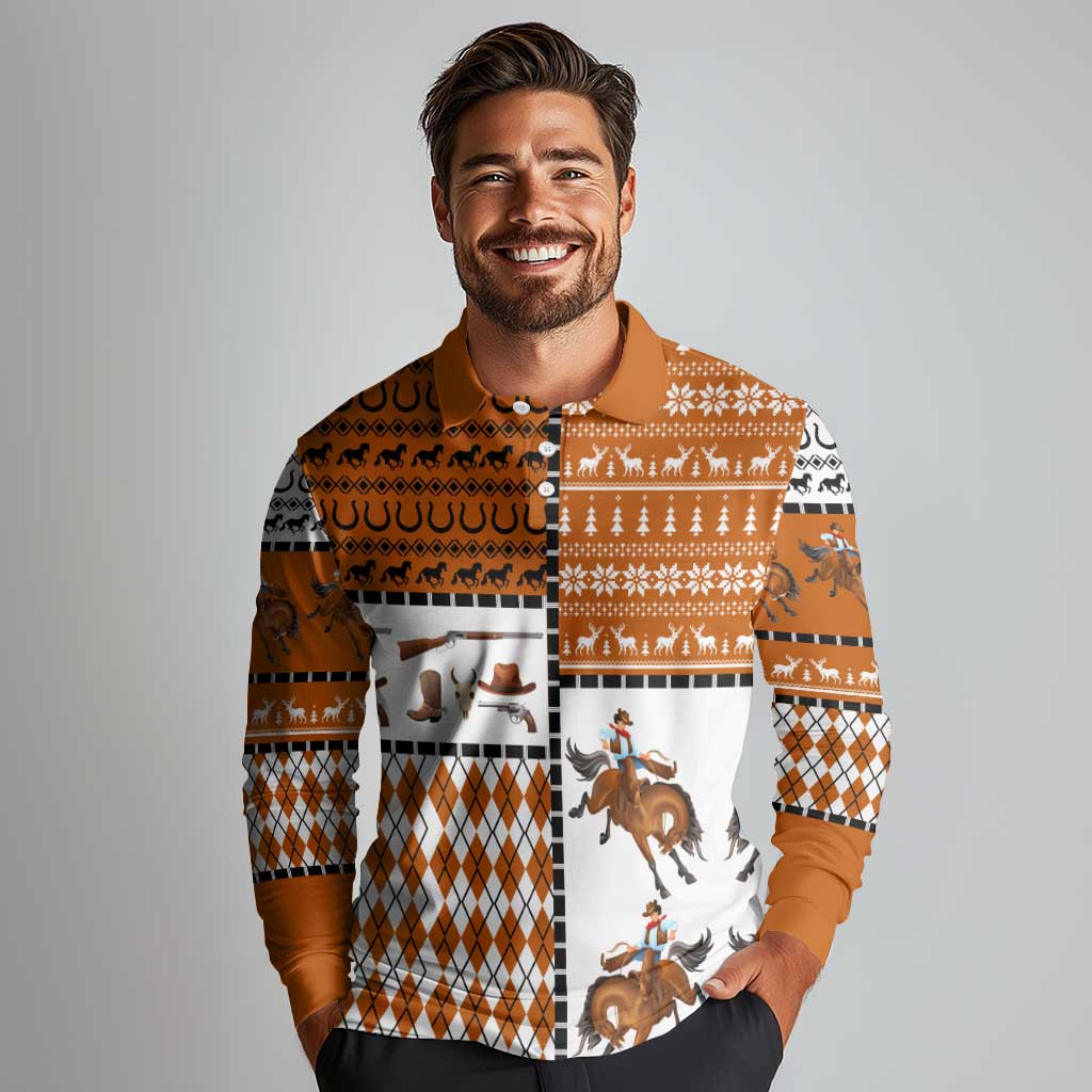 Horse Cowboy Merry Christmas Design Long Sleeve Polo Shirt Funny Xmas Holiday Patterns - Wonder Print Shop
