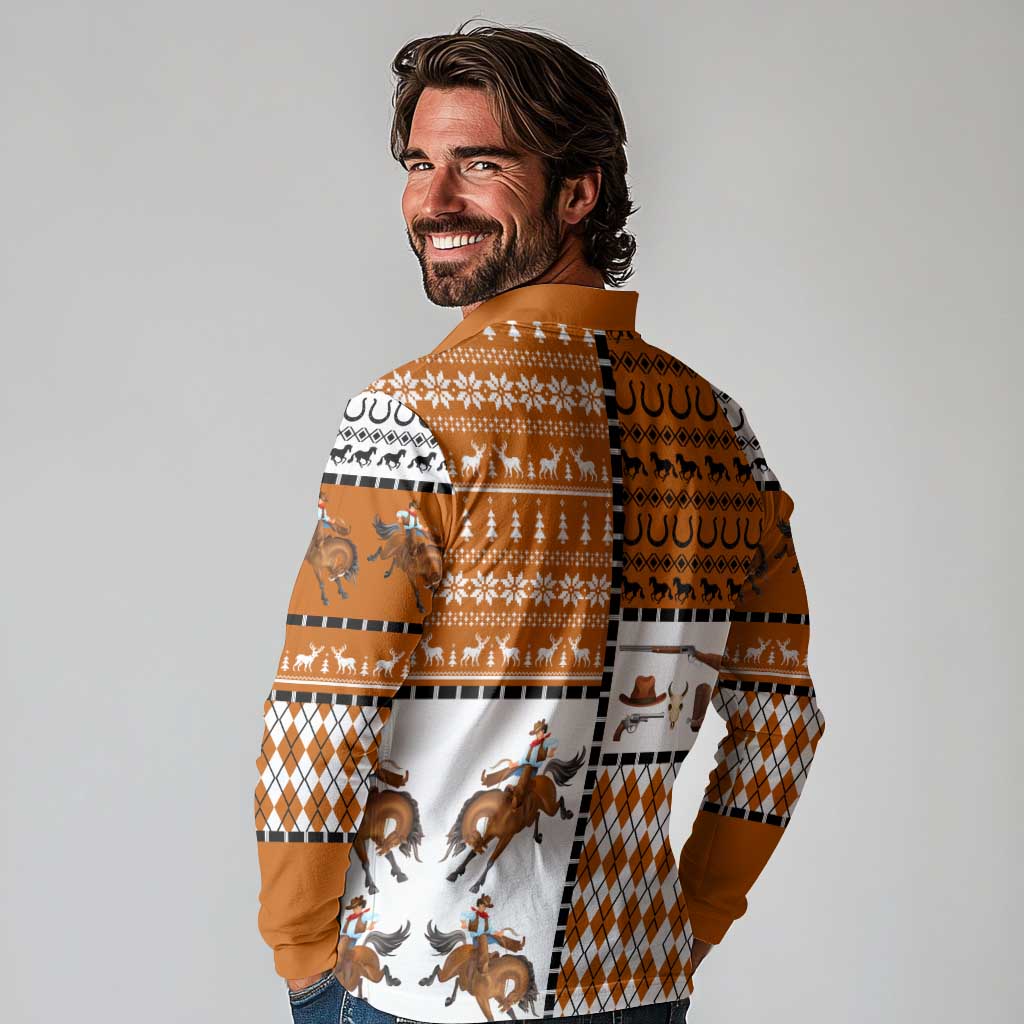 Horse Cowboy Merry Christmas Design Long Sleeve Polo Shirt Funny Xmas Holiday Patterns - Wonder Print Shop