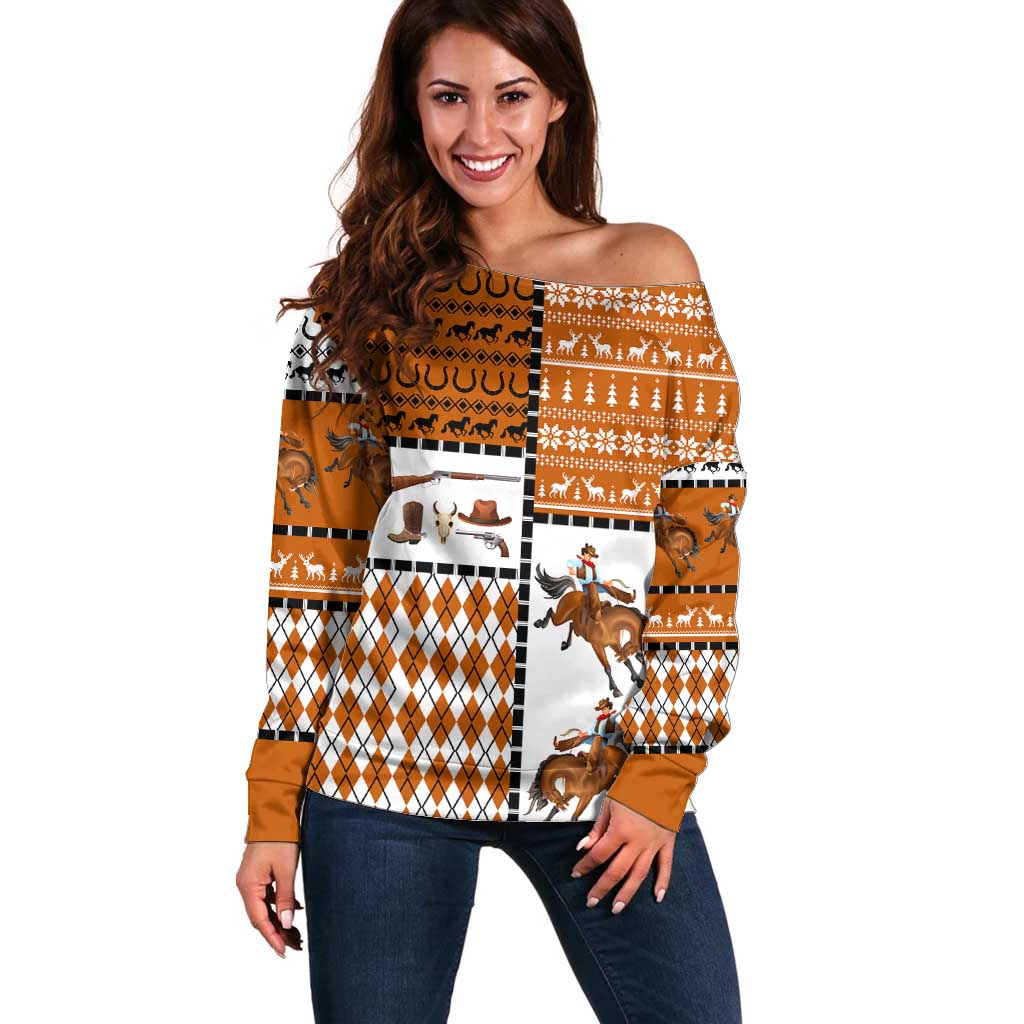 Horse Cowboy Merry Christmas Design Off Shoulder Sweater Funny Xmas Holiday Patterns - Wonder Print Shop