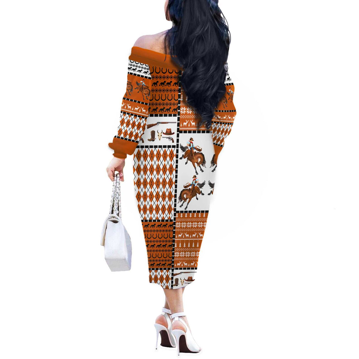Horse Cowboy Merry Christmas Design Off The Shoulder Long Sleeve Dress Funny Xmas Holiday Patterns - Wonder Print Shop