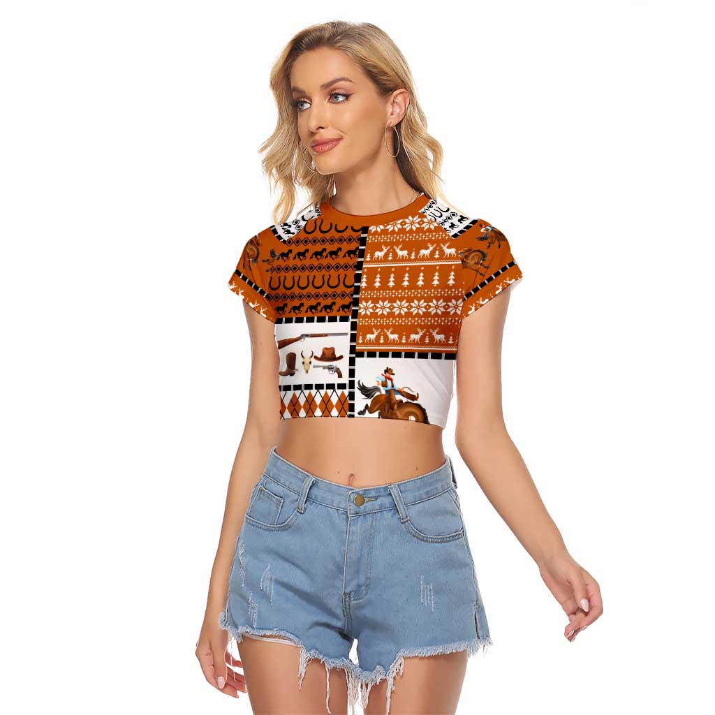 Horse Cowboy Merry Christmas Design Raglan Cropped T Shirt Funny Xmas Holiday Patterns - Wonder Print Shop