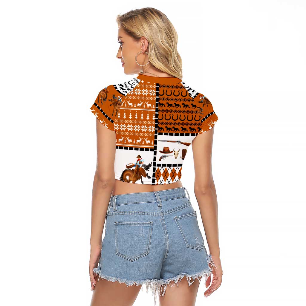 Horse Cowboy Merry Christmas Design Raglan Cropped T Shirt Funny Xmas Holiday Patterns - Wonder Print Shop