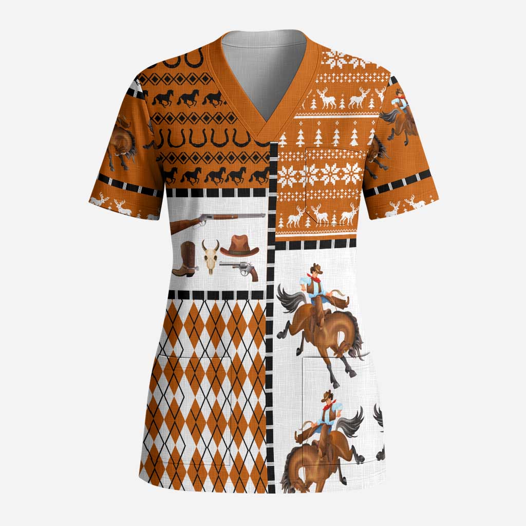 Horse Cowboy Merry Christmas Design Scrub Top Funny Xmas Holiday Patterns - Wonder Print Shop