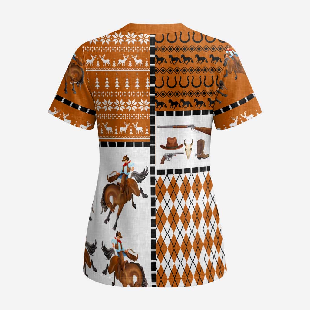 Horse Cowboy Merry Christmas Design Scrub Top Funny Xmas Holiday Patterns - Wonder Print Shop