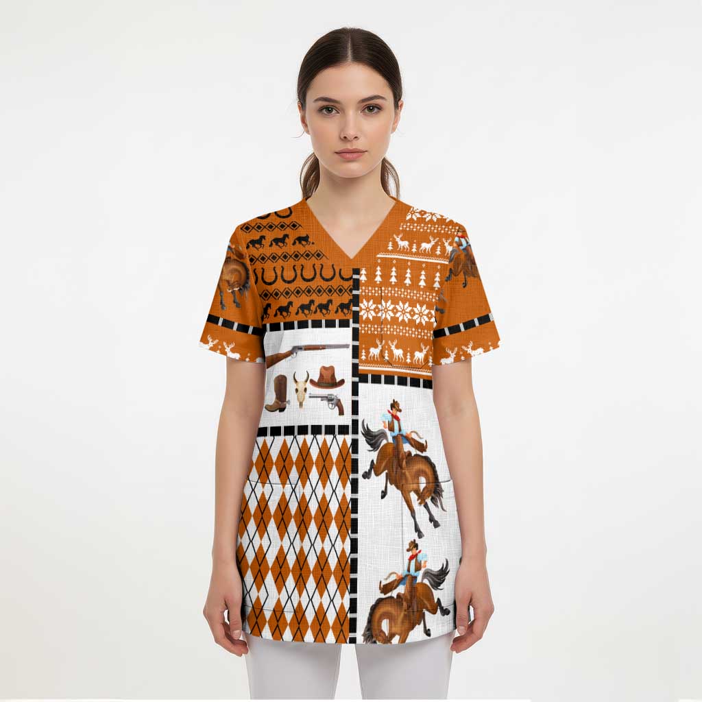 Horse Cowboy Merry Christmas Design Scrub Top Funny Xmas Holiday Patterns - Wonder Print Shop