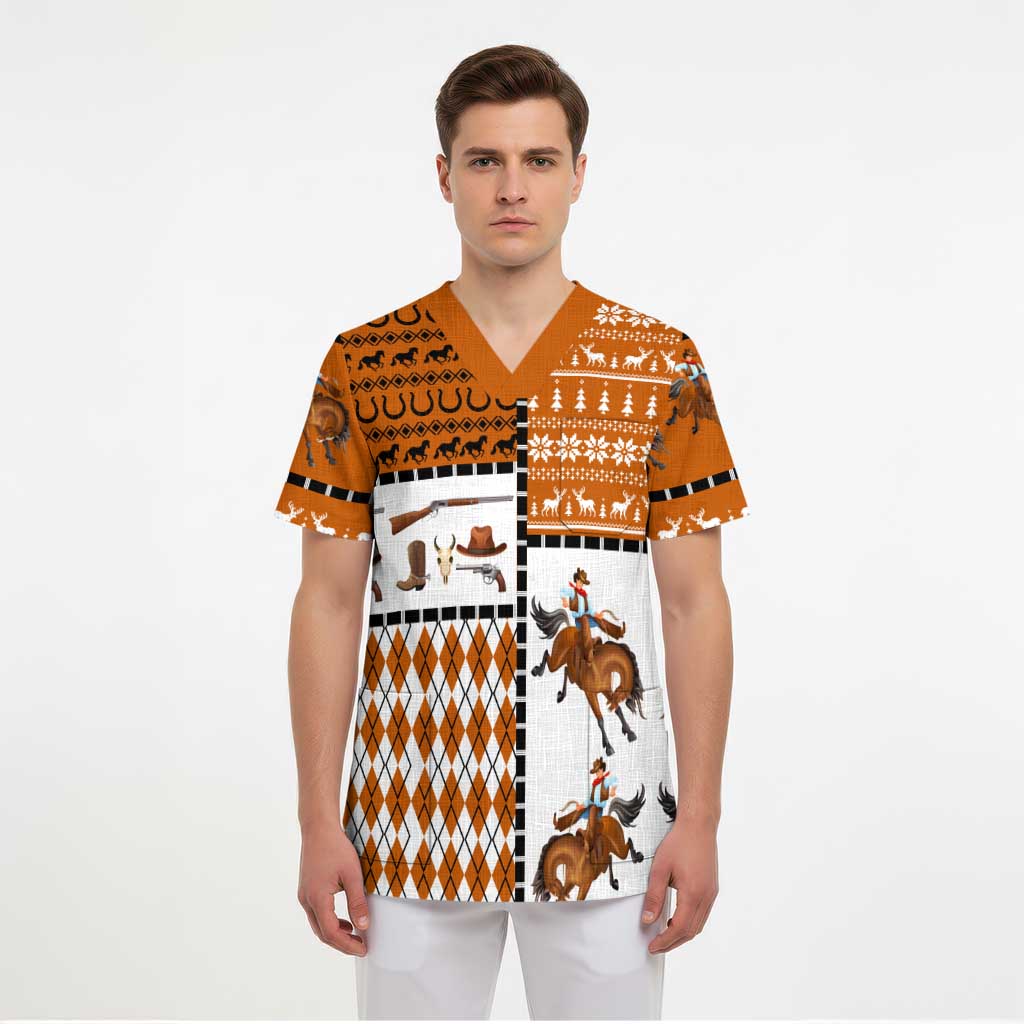 Horse Cowboy Merry Christmas Design Scrub Top Funny Xmas Holiday Patterns - Wonder Print Shop