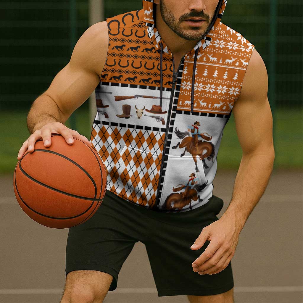 Horse Cowboy Merry Christmas Design Sleeveless Zip Hoodie Funny Xmas Holiday Patterns - Wonder Print Shop
