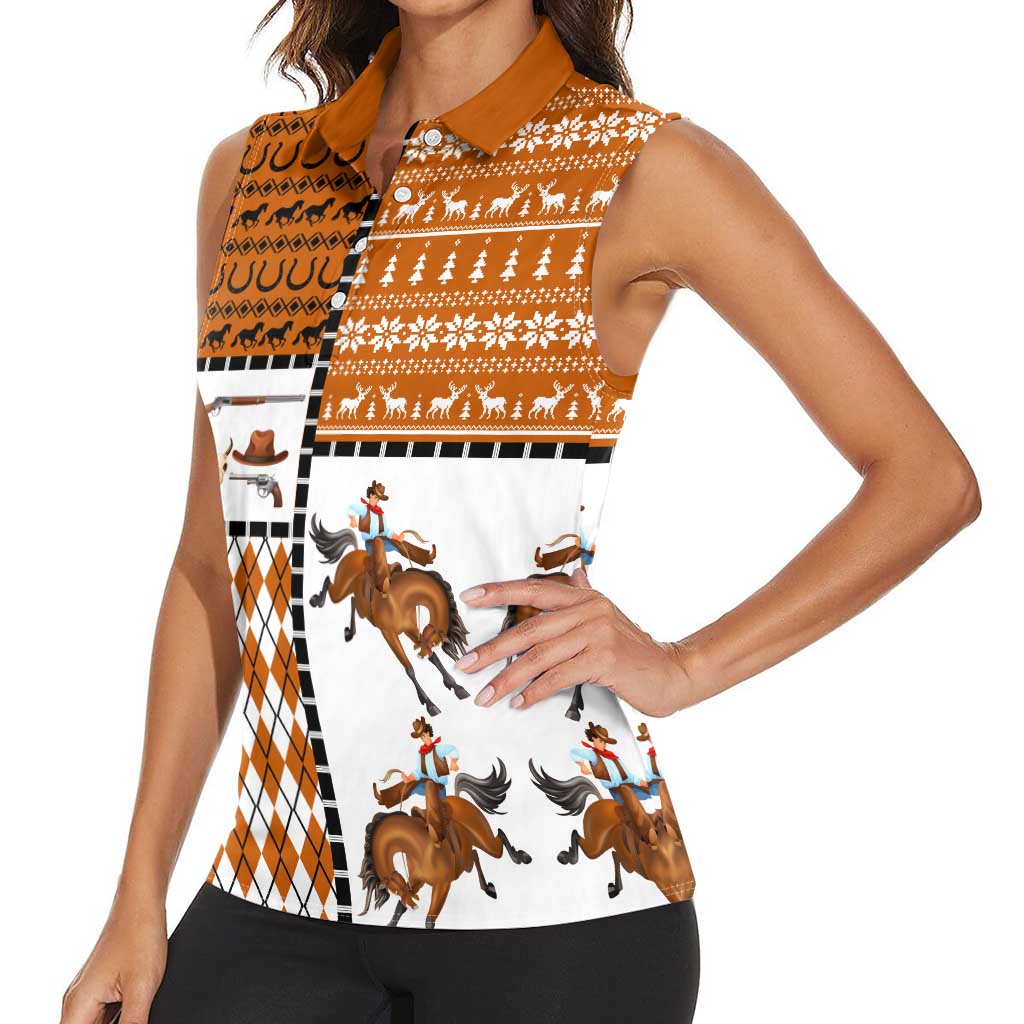 Horse Cowboy Merry Christmas Design Women Sleeveless Polo Shirt Funny Xmas Holiday Patterns - Wonder Print Shop