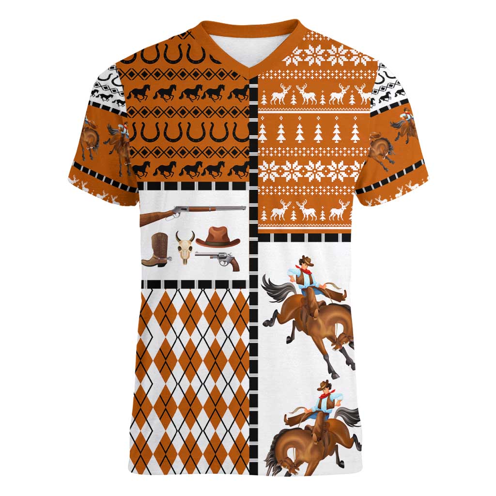 Horse Cowboy Merry Christmas Design Women V-Neck T-Shirt Funny Xmas Holiday Patterns - Wonder Print Shop