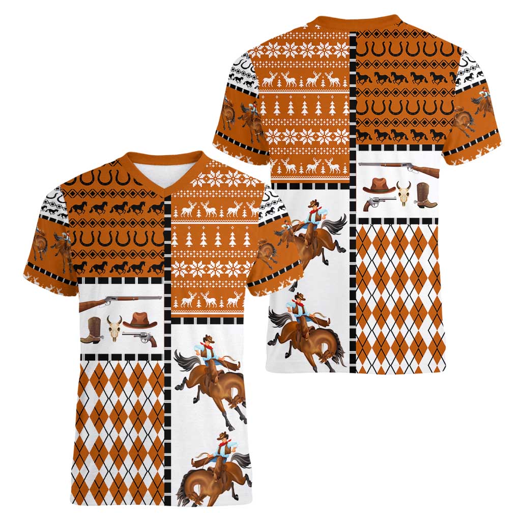 Horse Cowboy Merry Christmas Design Women V-Neck T-Shirt Funny Xmas Holiday Patterns - Wonder Print Shop