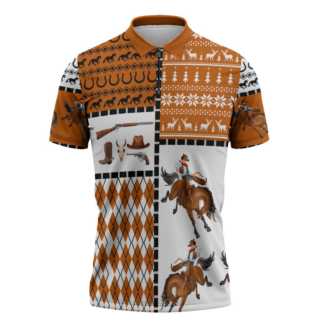 Horse Cowboy Merry Christmas Design Zipper Polo Shirt Funny Xmas Holiday Patterns - Wonder Print Shop