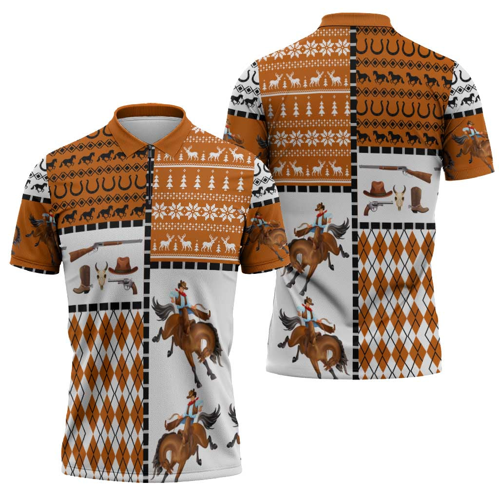 Horse Cowboy Merry Christmas Design Zipper Polo Shirt Funny Xmas Holiday Patterns - Wonder Print Shop