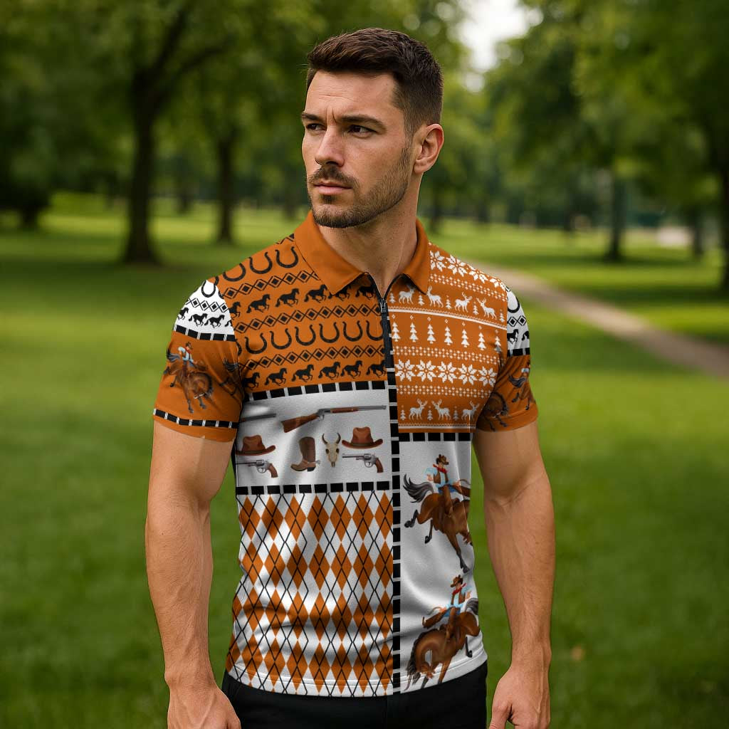 Horse Cowboy Merry Christmas Design Zipper Polo Shirt Funny Xmas Holiday Patterns - Wonder Print Shop