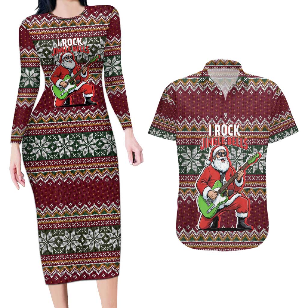 I Rock Jingle Bells Christmas Design Couples Matching Long Sleeve Bodycon Dress and Hawaiian Shirt Funny Xmas Holiday Patterns - Wonder Print Shop